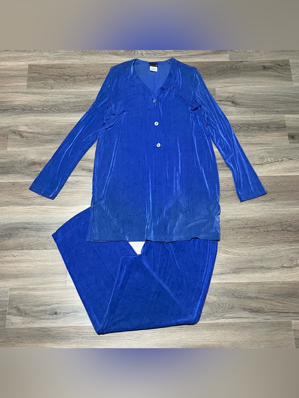 Citiknits Twinset Large Blouse Pants Solid Blue Stretch Slinky Knit 2 Piece